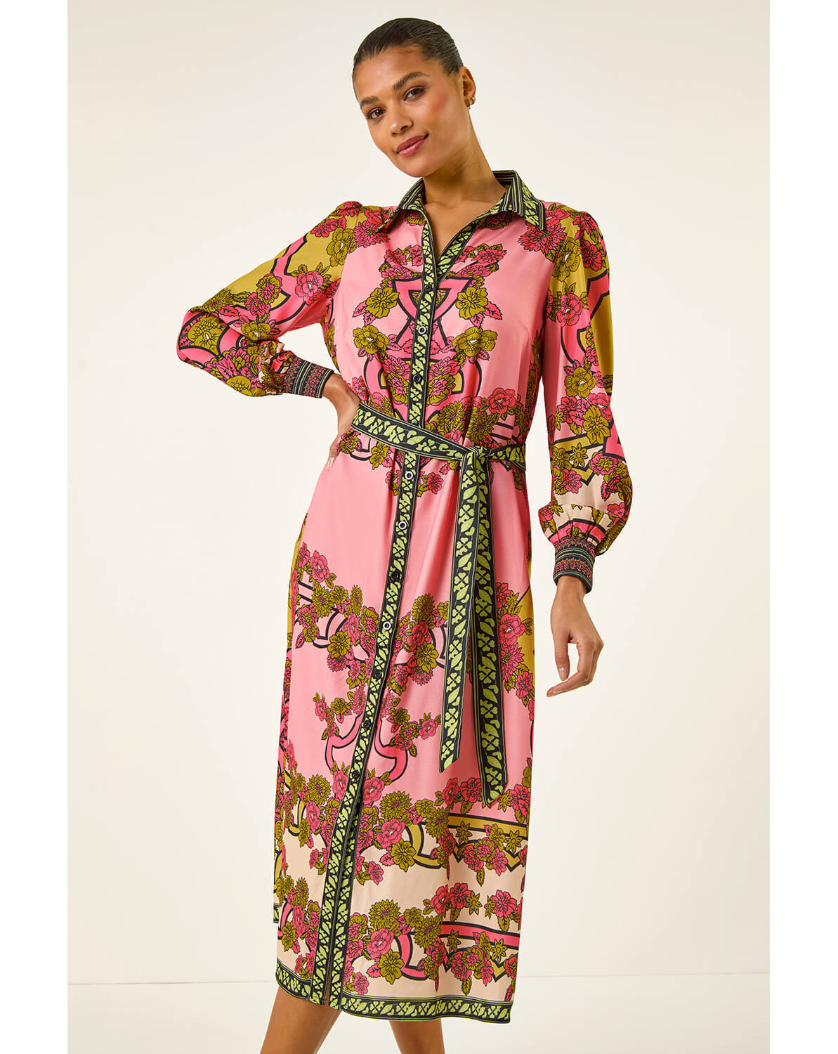 New In - Roman Floral Border Shirt Midi Dress