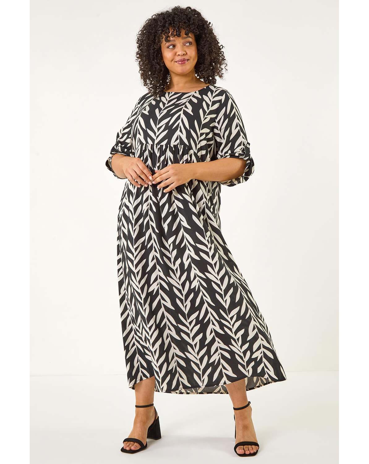 New In - Roman Curve Leaf Print Woven Dress