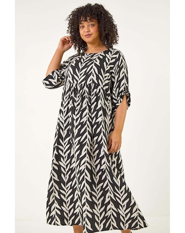 Roman Curve Leaf Print Woven Dress