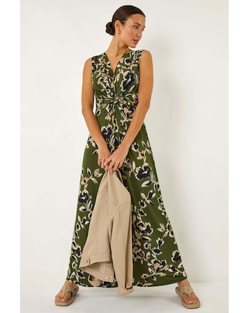 Roman Leaf Print Twist Front Maxi Dress