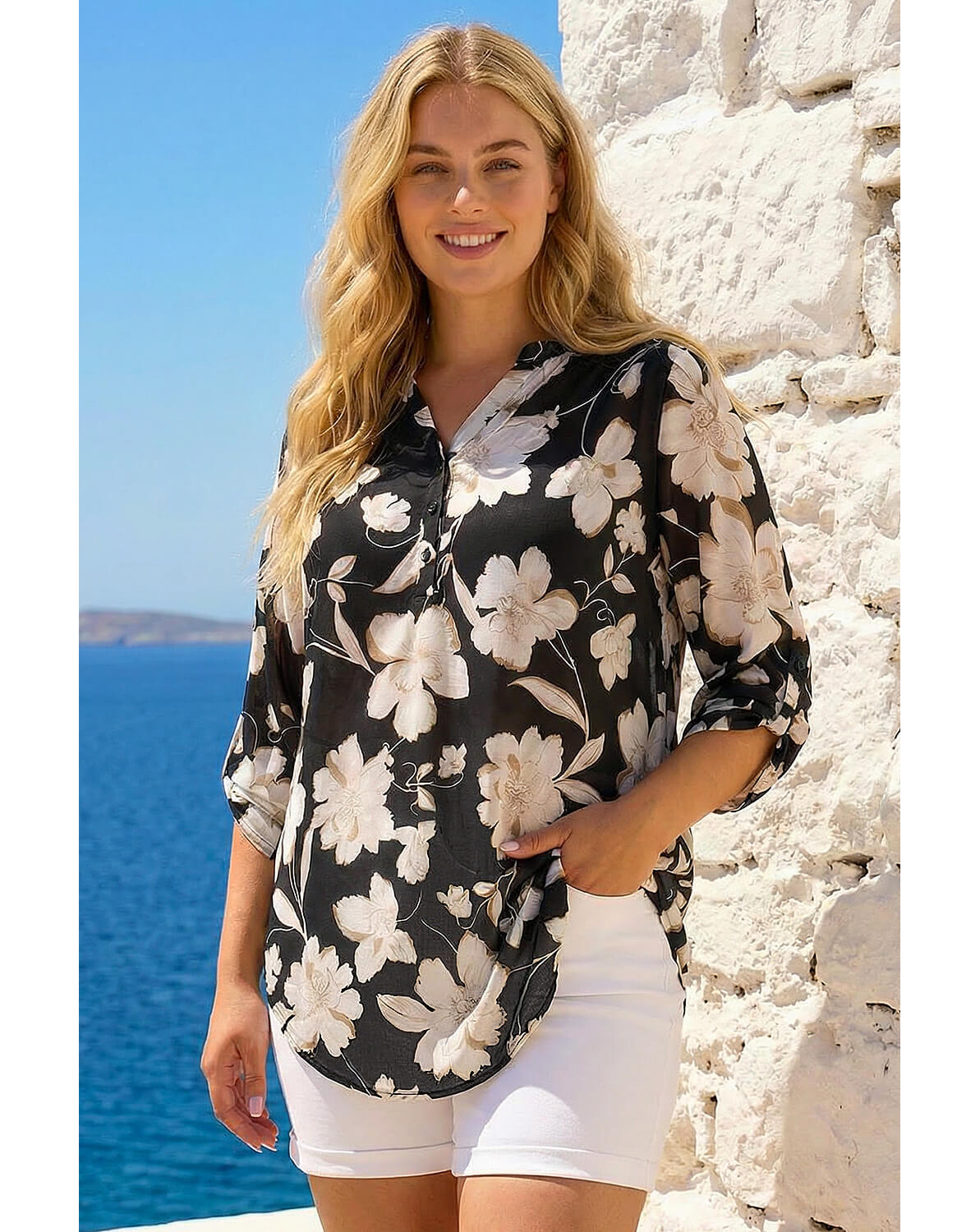 Roman Curve Floral Puff Stretch Shirt