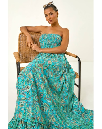 Roman Floral Bandeau Shirred Midi Dress