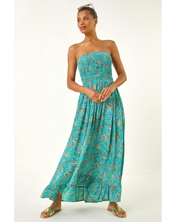 Roman Floral Bandeau Shirred Midi Dress