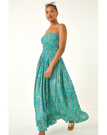 Roman Floral Bandeau Shirred Midi Dress
