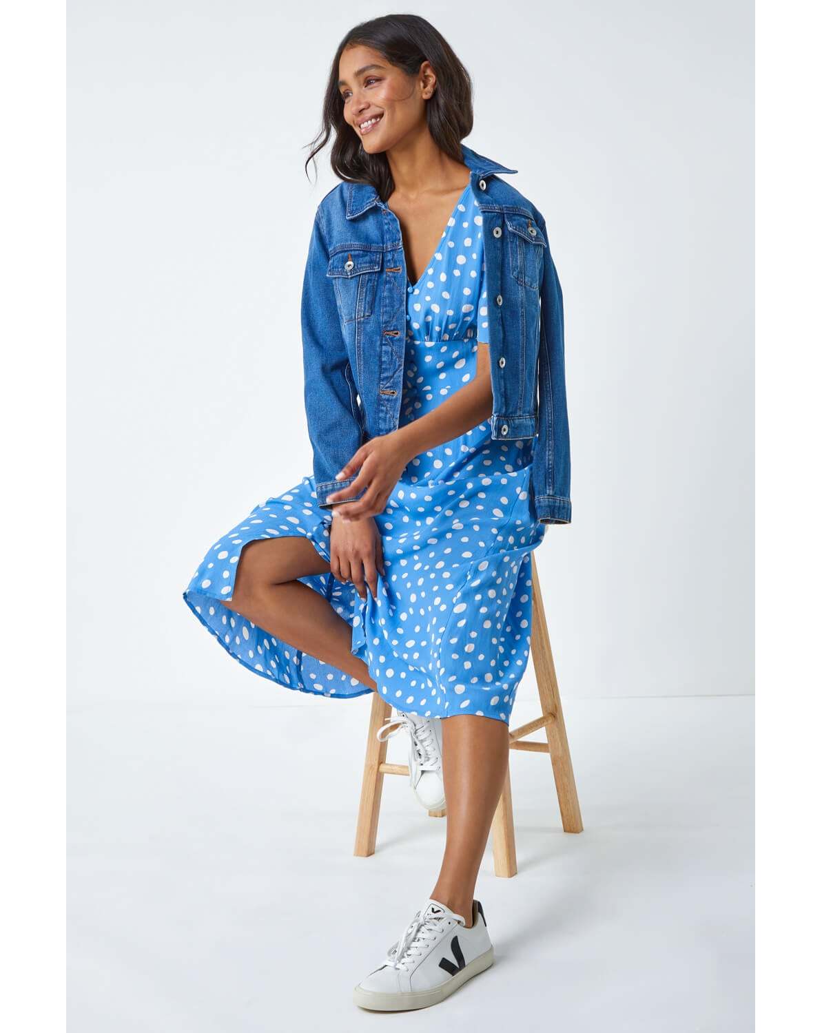 New In - Roman Polka Dot Ruched Sleeve Midi Dress