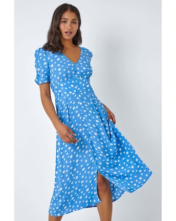 Roman Polka Dot Ruched Sleeve Midi Dress