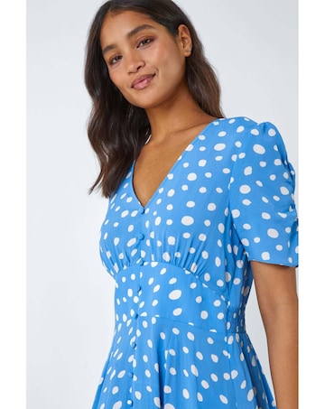 Roman Polka Dot Ruched Sleeve Midi Dress
