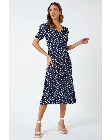 Roman Polka Dot Ruched Sleeve Midi Dress