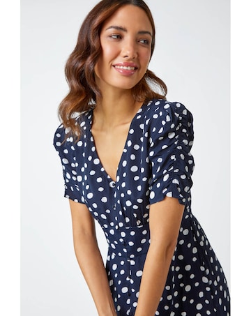 Roman Polka Dot Ruched Sleeve Midi Dress