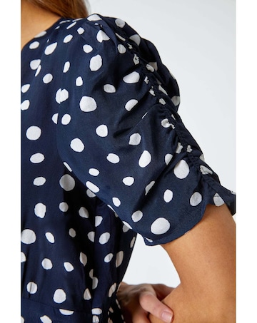 Roman Polka Dot Ruched Sleeve Midi Dress