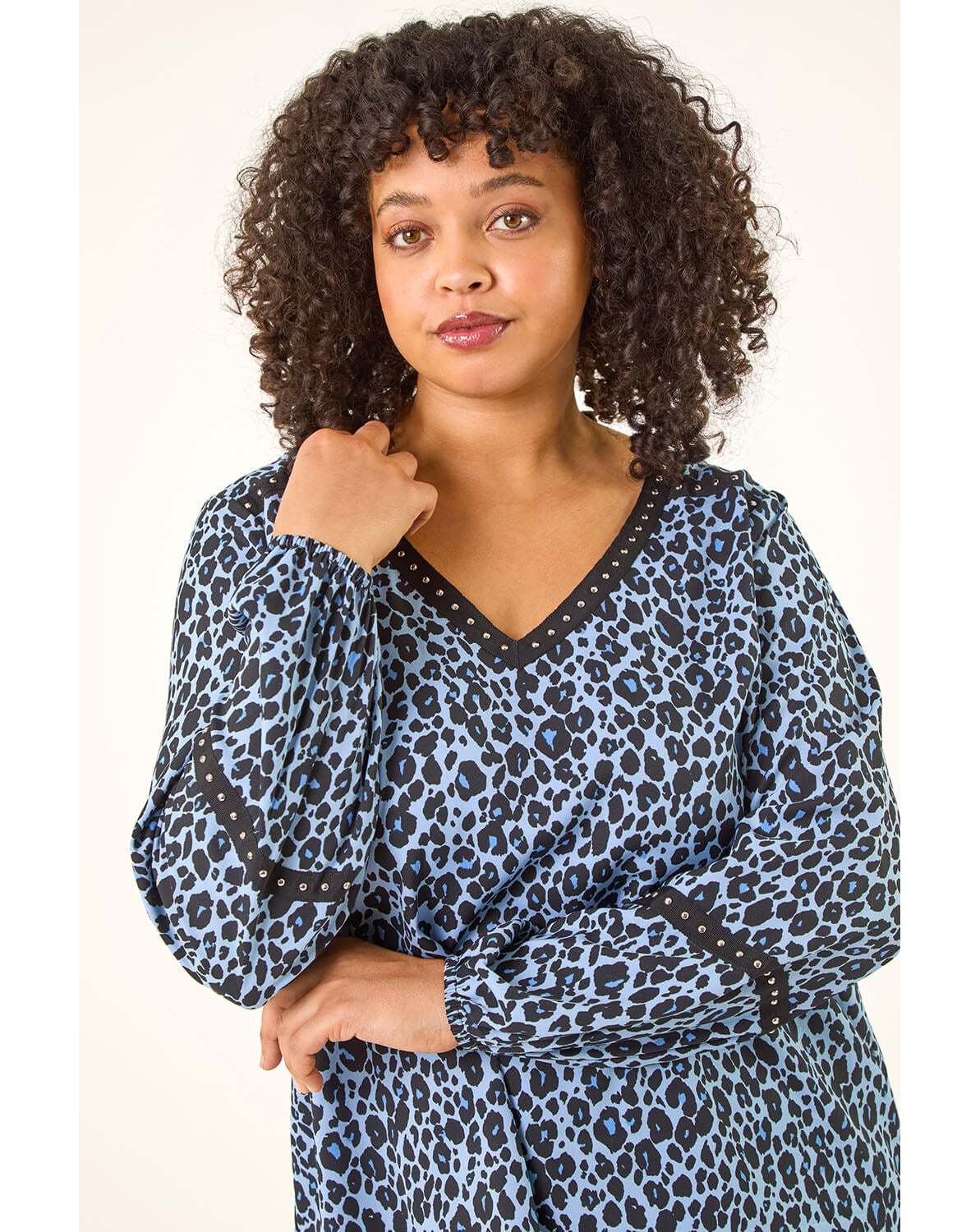 New In - Roman Curve Animal Print Studded Top