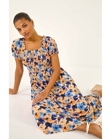 Roman Floral Shirred Stretch Maxi Dress