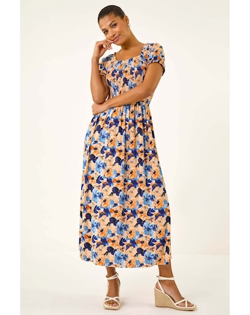 Roman Floral Shirred Stretch Maxi Dress