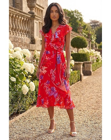 Roman Floral Print Wrap Front Midi Dress