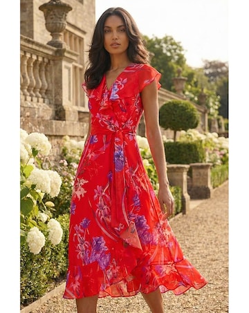Roman Floral Print Wrap Front Midi Dress