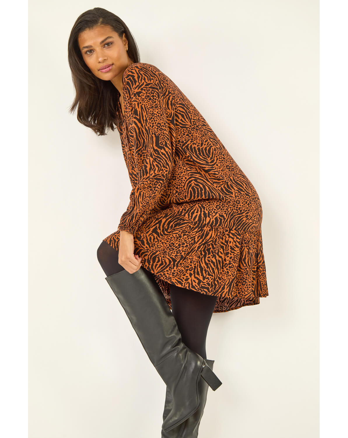 New In - Roman Animal Print Pintuck Smock Dress