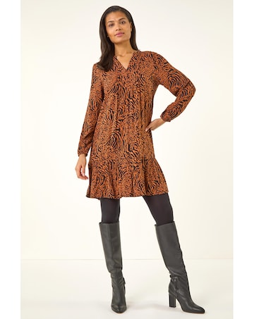 Roman Animal Print Pintuck Smock Dress