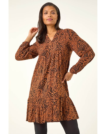 Roman Animal Print Pintuck Smock Dress