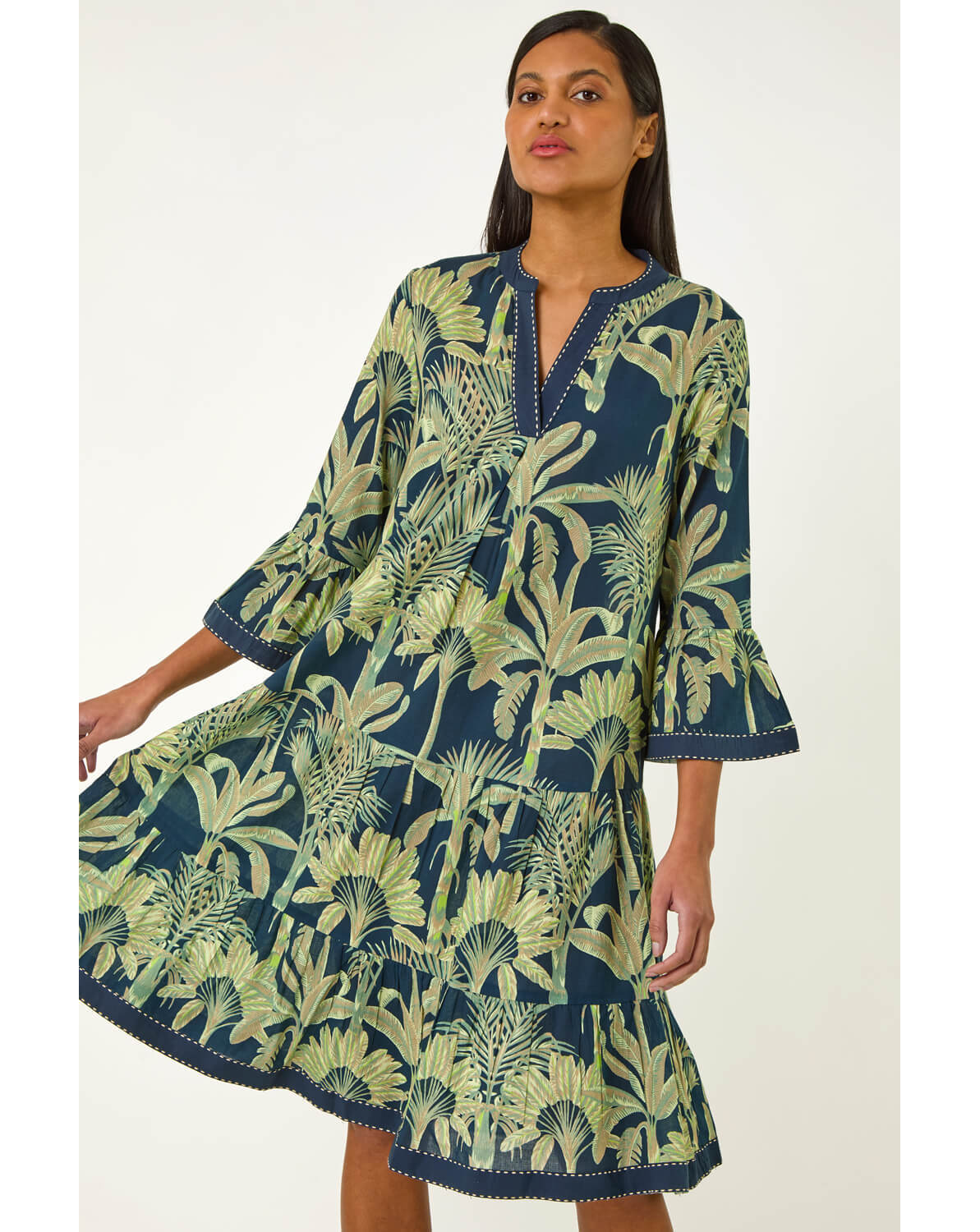 New In - Roman Palm Print V-Neck Tiered Dress