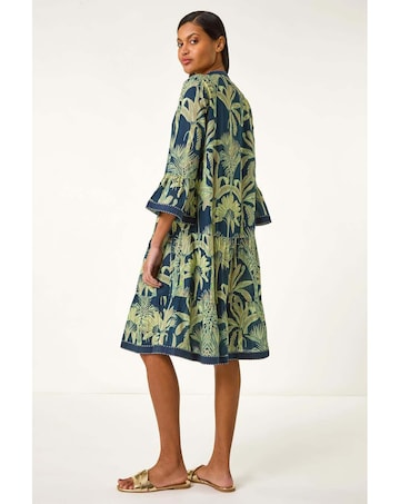 Roman Palm Print V-Neck Tiered Dress