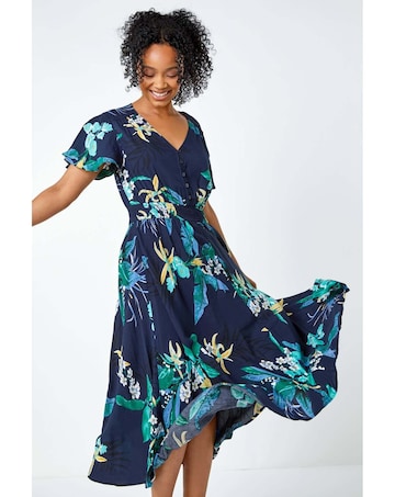 Roman Petite Floral Shirred Midi Dress