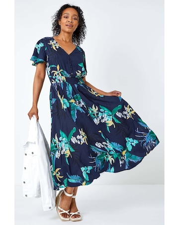 Roman Petite Floral Shirred Midi Dress