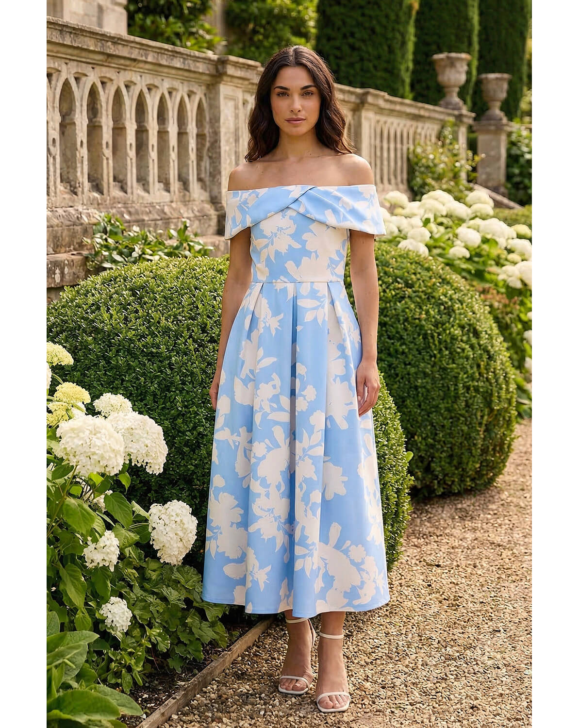 New In - Roman Floral Bardot Stretch Midi Dress