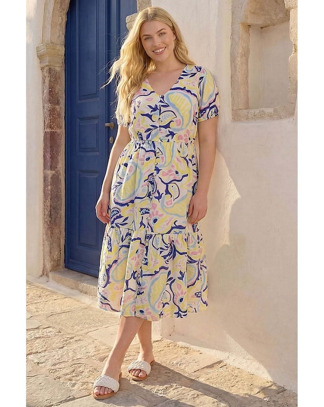 Roman Curve Abstract Print Button Dress