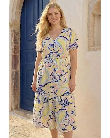 Roman Curve Abstract Print Button Dress