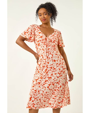 Roman Petite Floral Ruched Midi Dress