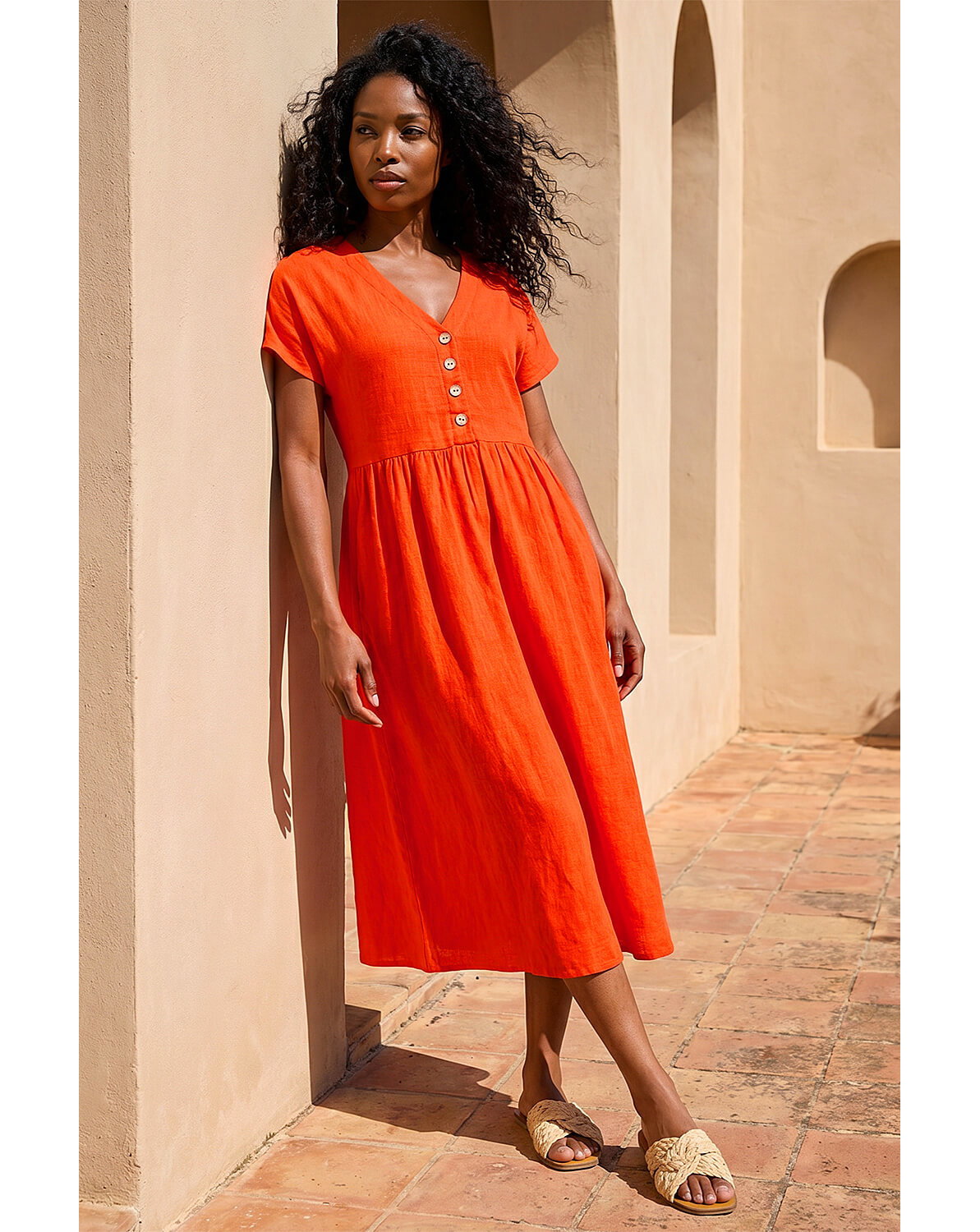 Roman Linen Look Button Midi Dress