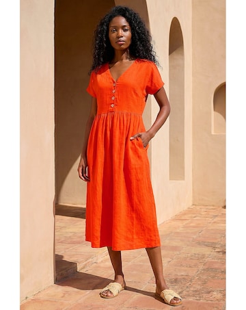 Roman Linen Look Button Midi Dress