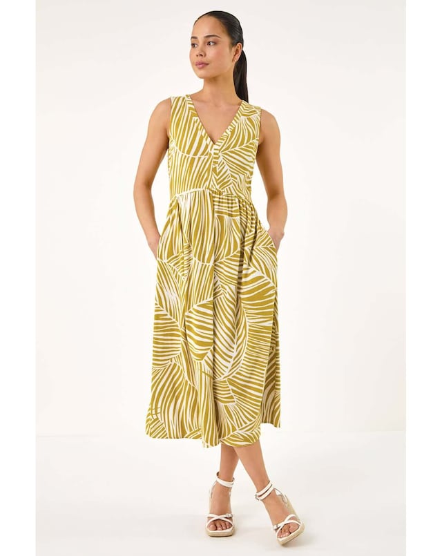 Roman Petite Abstract Leaf Midi Dress