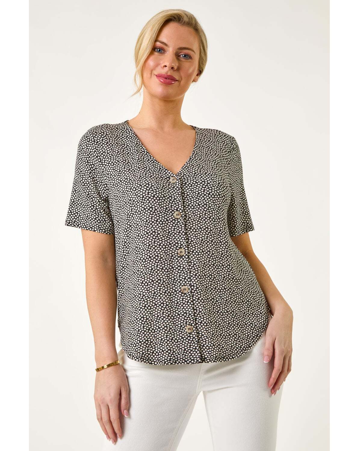 New In - Roman Petite Spot V-Neck Stretch Blouse