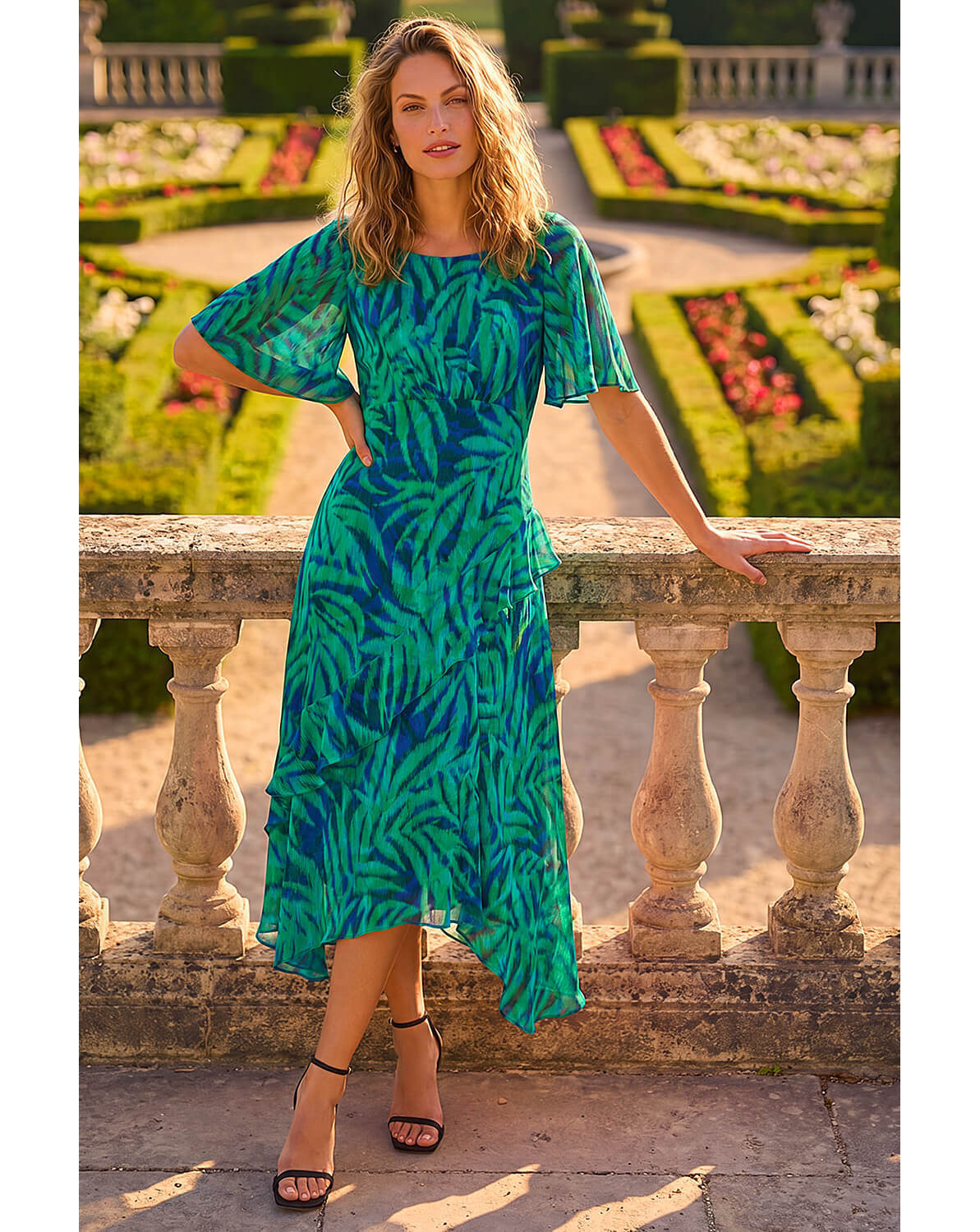 New In - Roman Leaf Print Chiffon Frill Dress