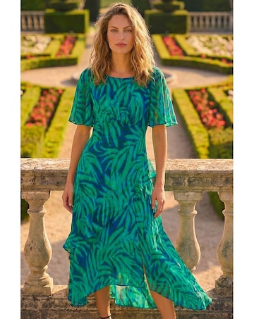 Roman Leaf Print Chiffon Frill  Dress