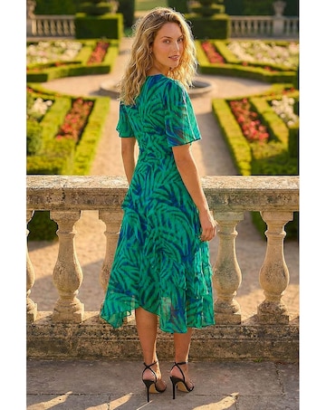 Roman Leaf Print Chiffon Frill  Dress