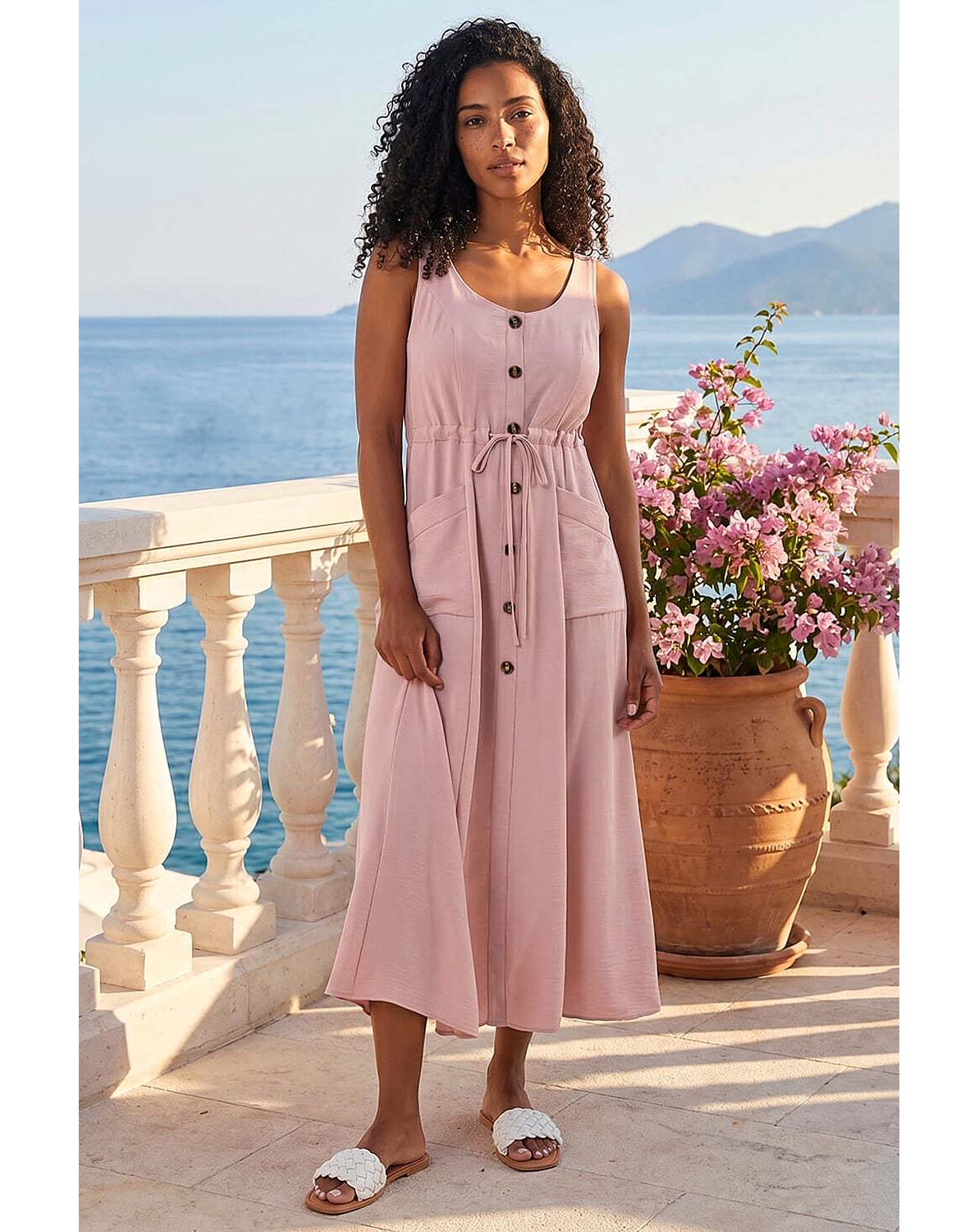 New In - Roman Buttoned Tie Waist Midi Dress