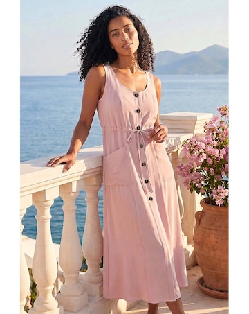 Roman Buttoned Tie Waist Midi Dress