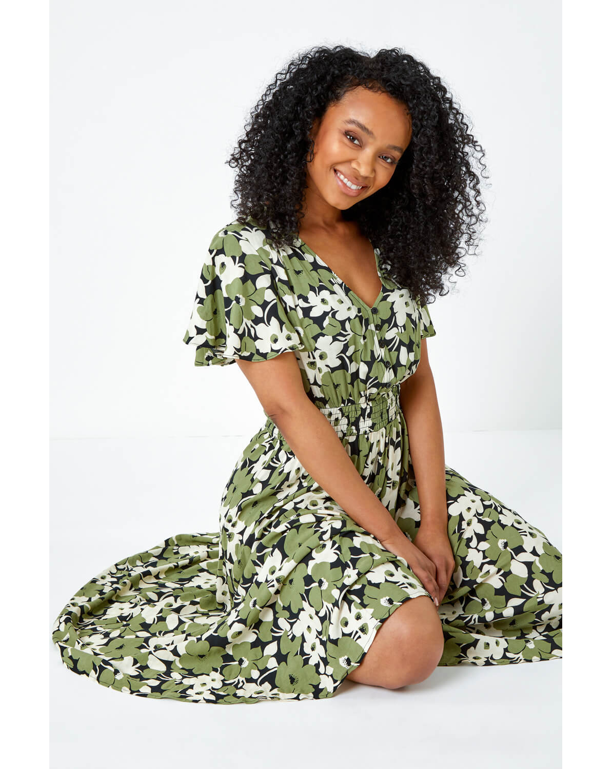 New In - Roman Petite Floral Print Shirred Dress