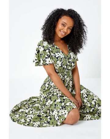 Roman Petite Floral Print Shirred Dress