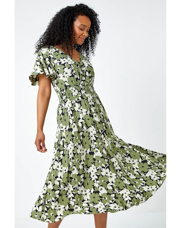 Roman Petite Floral Print Shirred Dress