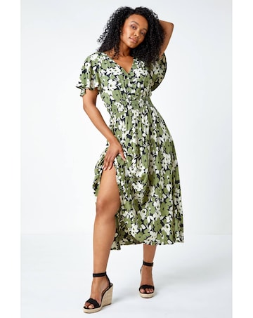Roman Petite Floral Print Shirred Dress