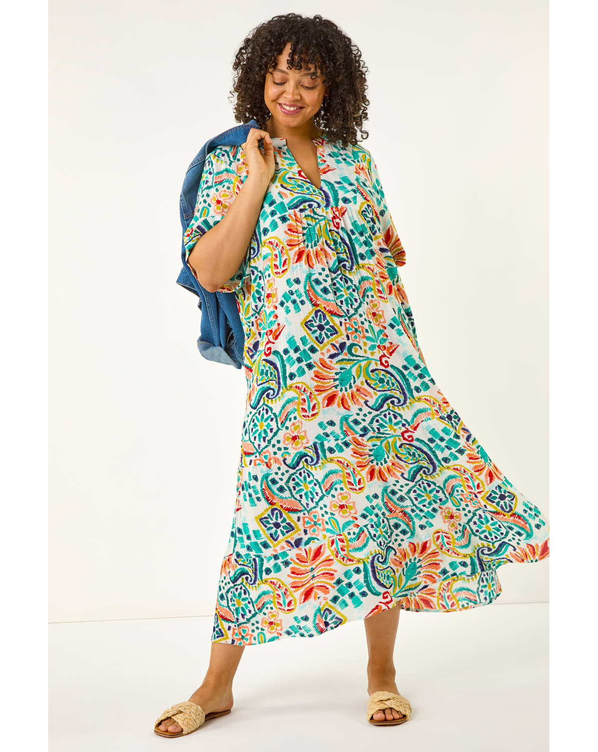 New In - Roman Curve Printed V-Neck Midi Dress