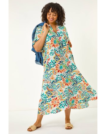 Roman Curve Printed V-Neck Midi Dress