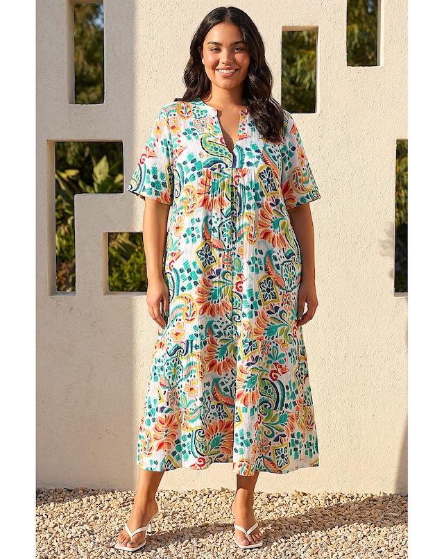 Roman Curve Printed V-Neck Midi Dress