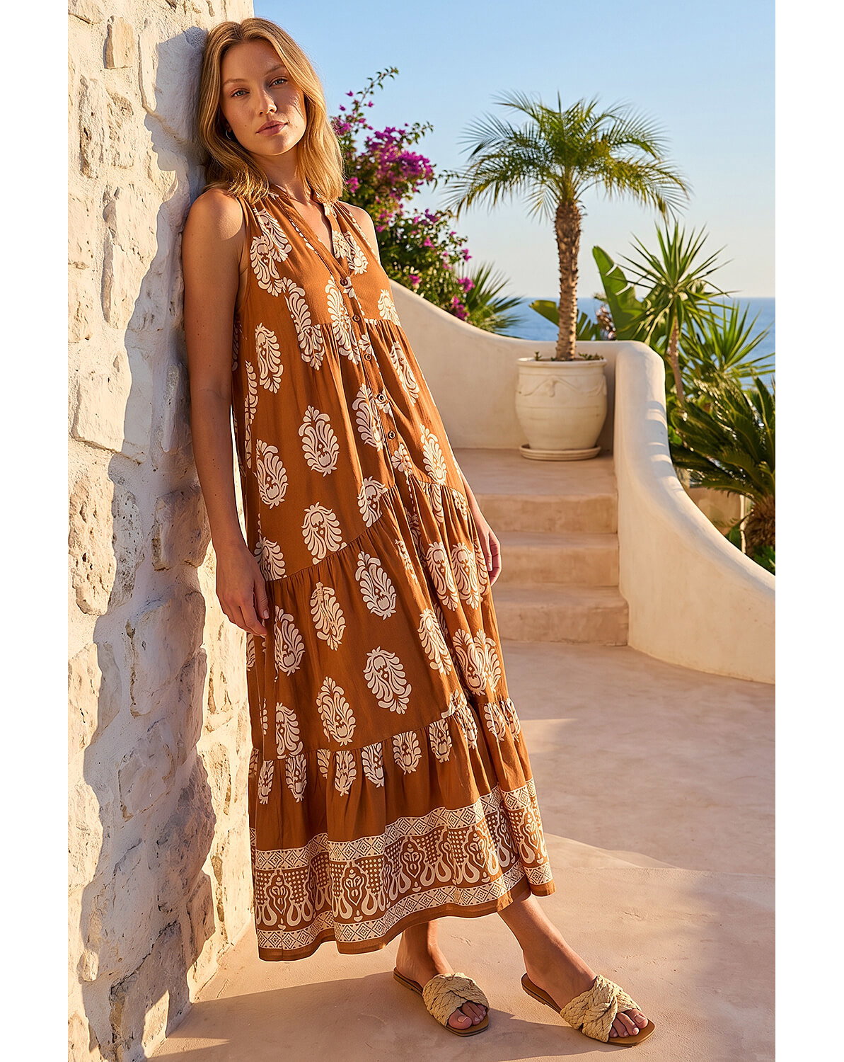 Roman Border Print Smock Maxi Dress