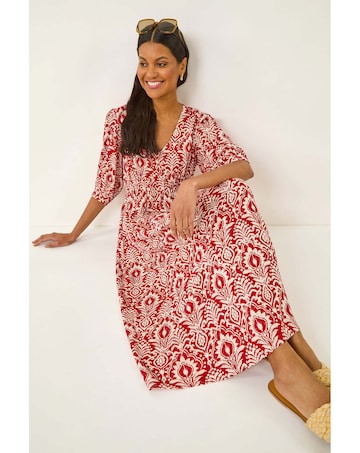 Roman Abstract Print V-Neck Midi Dress