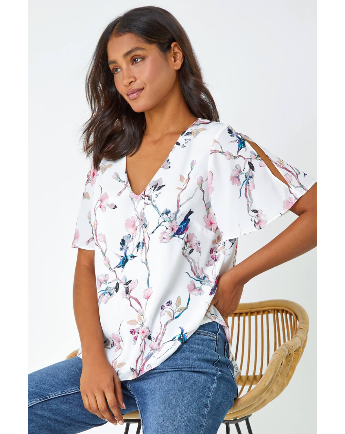 New In - Roman Floral Angel Sleeve V-Neck Top