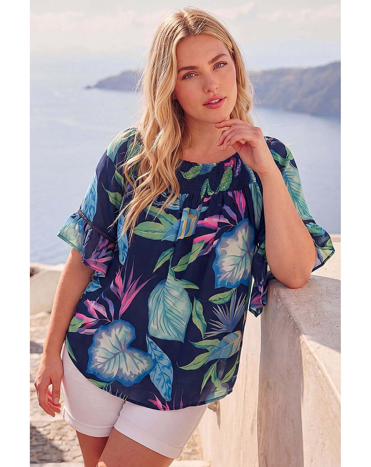 New In - Roman Curve Floral Shirred Bardot Top